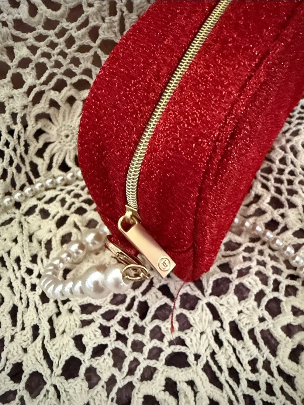 CHANEL Red Glitter Pearl-Handle Cosmetic Pouch